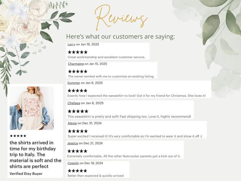 May include: A collage of customer reviews for a sweatshirt with a floral design. The reviews highlight the quality, comfort, and fast shipping of the product. The text includes five-star ratings and positive comments about the sweatshirt.