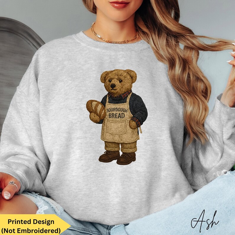 Bear Sweatshirt for Sourdough Bread Maker, Vintage-Inspired Nostalgic Women's Bear Sweaters, Cozy and Charming Sourdough Lover Shirt Baker Gift, Trendy 1990s Preppy Classy Bear Crewneck for Youth