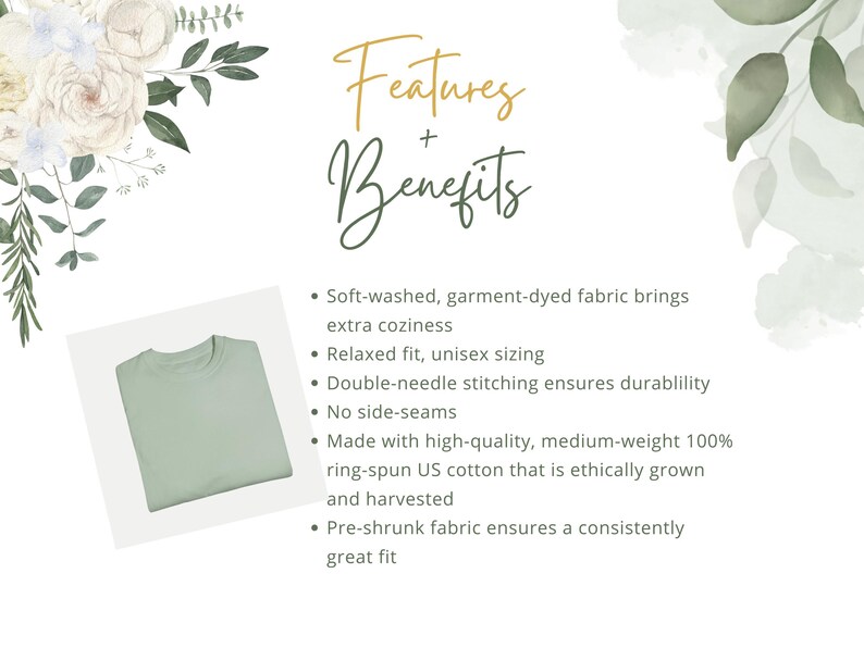 May include: A light green t-shirt with a relaxed fit. The t-shirt is made from soft-washed, garment-dyed fabric that is ethically grown and harvested. Features include double-needle stitching, no side seams, and a pre-shrunk fit.
