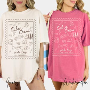 Custom Girls Trip Cabin Crew Tshirt Camping Shirt Gift for Outdoor Lover, Doodle Line Art Comfort Colors Personalized Friends Glamping Group Matching Tee, Plus Sizes