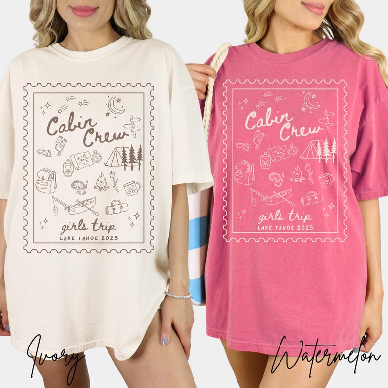 Custom Girls Trip Cabin Crew Tshirt Camping Shirt Gift for Outdoor Lover, Doodle Line Art Comfort Colors Personalized Friends Glamping Group Matching Tee, Plus Sizes