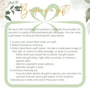 Peut inclure: Graphique avec le texte "Buying a gift?" en script dor&eacute;, entour&eacute; d'illustrations florales et de feuilles. Des instructions sur l'envoi d'une "gift teaser" via Etsy sont list&eacute;es en dessous, avec des &eacute;tapes num&eacute;rot&eacute;es et des puces.