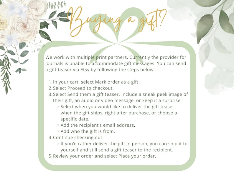 Peut inclure: Graphique avec le texte "Buying a gift?" en script dor&eacute;, entour&eacute; d'illustrations florales et de feuilles. Des instructions sur l'envoi d'une "gift teaser" via Etsy sont list&eacute;es en dessous, avec des &eacute;tapes num&eacute;rot&eacute;es et des puces.