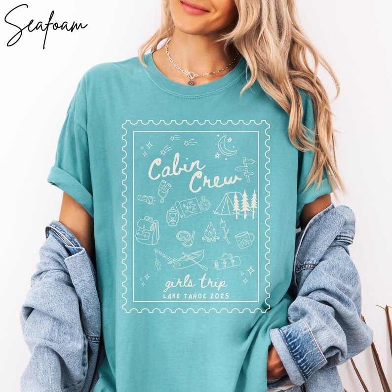 Custom Girls Trip Cabin Crew Tshirt Camping Shirt Gift for Outdoor Lover, Doodle Line Art Comfort Colors Personalized Friends Glamping Group Matching Tee, Plus Sizes