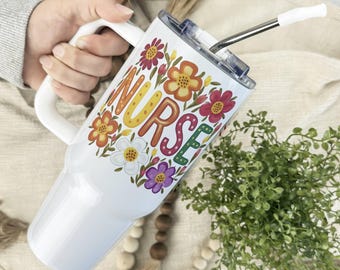 Custom Fall Nurse Tumbler, Holiday Gift for Nurse, Personalized Nurse Appreciation Gift, 40oz Tumbler With Handle, Nurse Thank You Cup