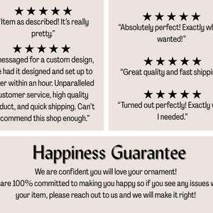 May include: A beige background with customer reviews and a guarantee. The reviews include phrases like "Item as described!" and "Absolutely perfect!" The text "Happiness Guarantee" is also visible.