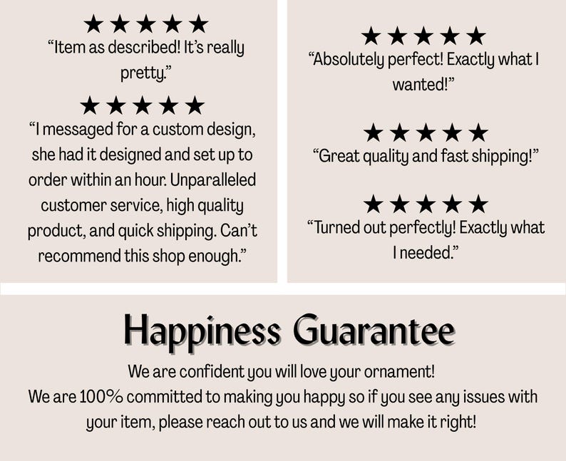 May include: A beige background with customer reviews and a guarantee. The reviews include phrases like "Item as described!" and "Absolutely perfect!" The text "Happiness Guarantee" is also visible.
