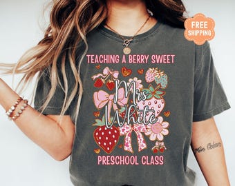 Personalized Strawberry Preschool Teacher Shirt, Back to School T-Shirt, Custom Elementary Teacher Appreciation Gift, Pre-K Teacher Team