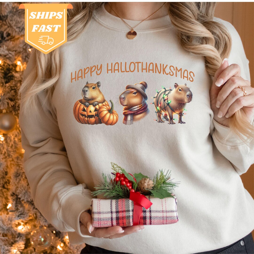 Thanksiving Capybara Funny Hallothanksmas Capybara Sweatshirt, Halloween Capybara ...