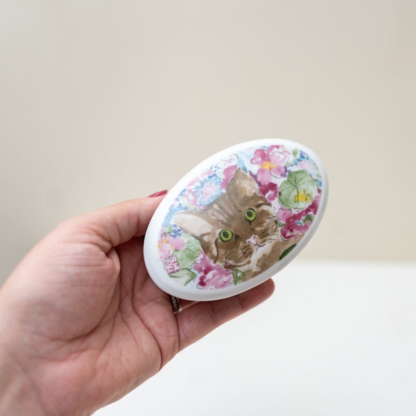 Vintage Porcelain Trinket Box, Cat in Flowers, Gift for Cat Lovers, Crazy Cat Lady Gifts, Jewelry Box, Oval Trinket Dish