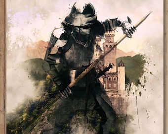 Warrior Knight Canvas Wall Art, Home Office Decor