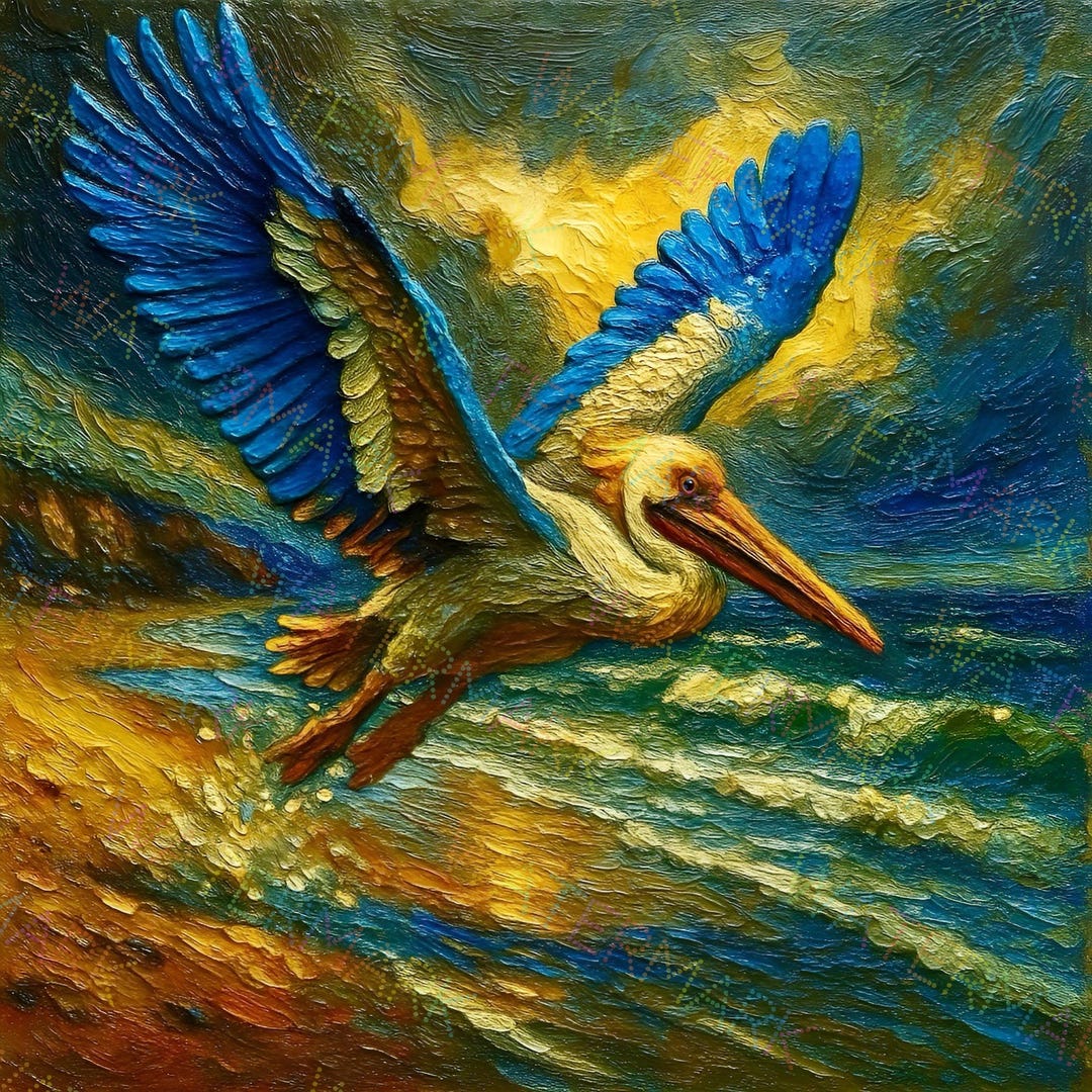 Pelican Taking Flight Over Ocean Canvas Wall Art | Coastal Beach Bird ...