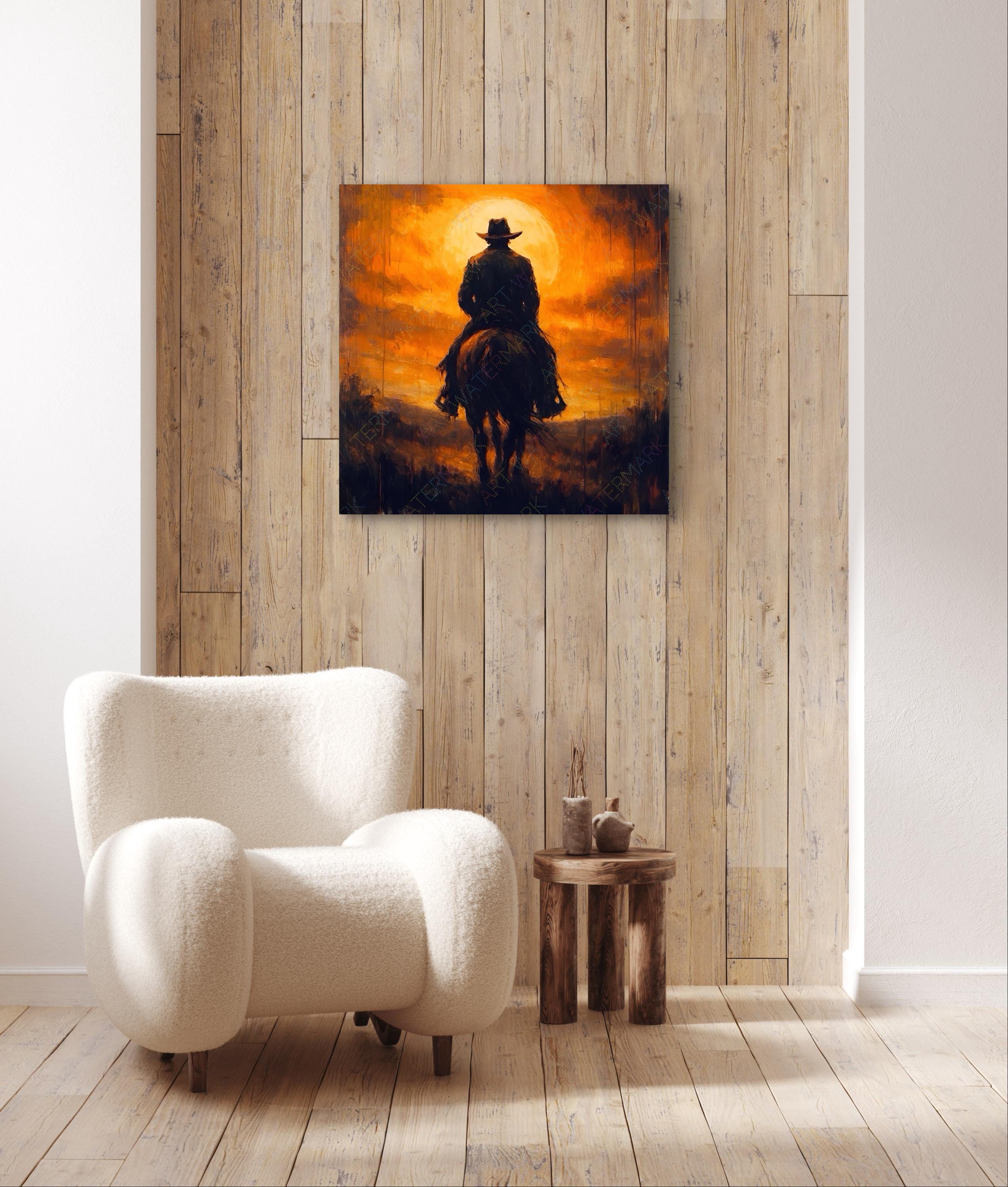 Cowboy Riding Into Sunset Canvas Wall Art | Western Cowboy Painting ...