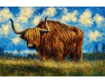 Highland Cow Canvas Wall Art | Rustic Farmhouse Animal Painting | Country Home Decor Gift | Cow Picture Print on Canvas