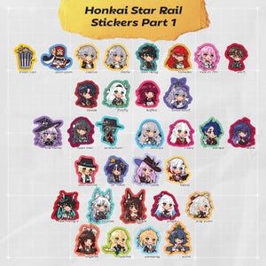 Może przedstawiać: Kolekcja naklejek Honkai Star Rail Stickers Part 1 z różnymi ilustracjami postaci w stylu chibi. Zestaw zawiera ikony kosza na śmieci, Pom-Pom, Caelus, Stelle, Dan Heng, Himeko, March 7th, Welt, Blade, Firefly, Kafka, Silver Wolf oraz inne postacie.