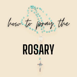 May include: How to pray the Rosary with a turquoise blue rosary beads and a silver crucifix. The text "Sancta Cordia Creations" is at the bottom of the image.