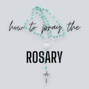 May include: How to pray the Rosary with a teal blue rosary with silver beads and a silver crucifix.
