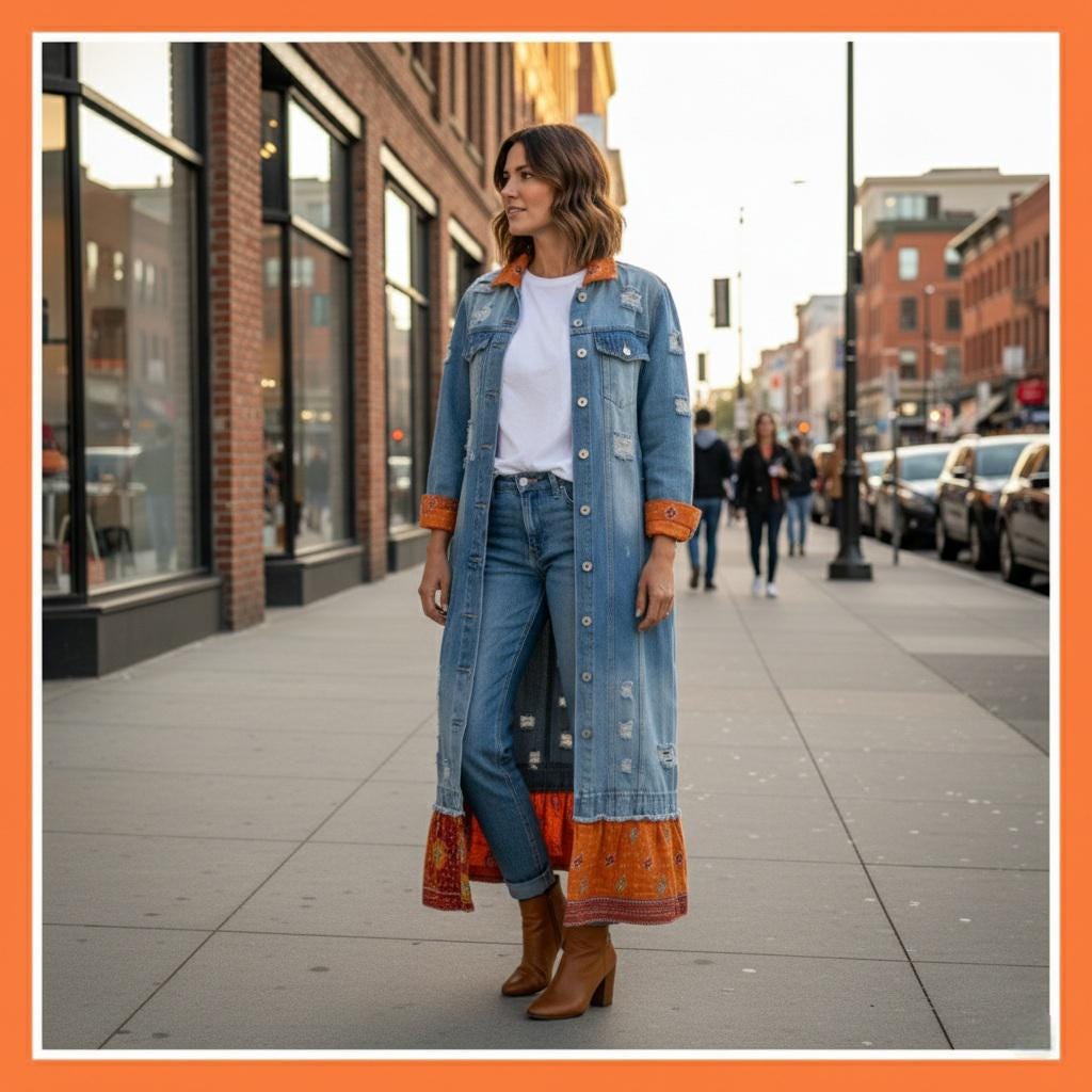 Long Denim Duster Jacket with Orange Kantha Trim on Collar, Cuffs and Pleated Skirting.