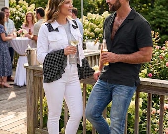 High Low Bell Sleeved White Denim Jacket with Black Mesh Inserts