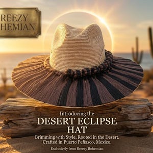 May include: A wide-brimmed hat with a light tan straw crown and a dark brown and black fringed brim. A thick, braided dark brown band encircles the base of the crown. The text BREEZY BOHEMIAN and DESERT ECLIPSE HAT is visible in the image.