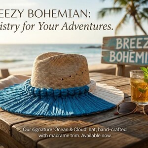 May include: A straw hat featuring a macrame trim with blue and white fringe, text reading BREEZY BOHEMIAN: Artistry for Your Adventures, and text reading Our signature Ocean & Cloud hat, hand-crafted with macrame trim. Available now.
