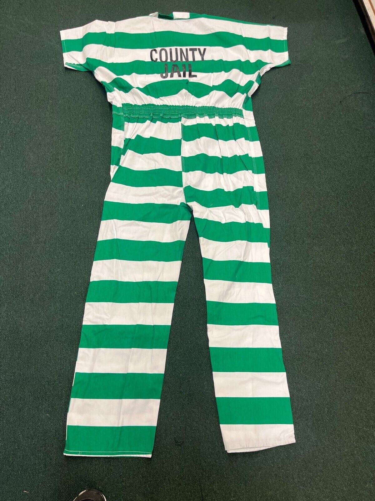 Jail Prison Inmate Jumpsuit ICS Waco Green & White Stripe Costume New