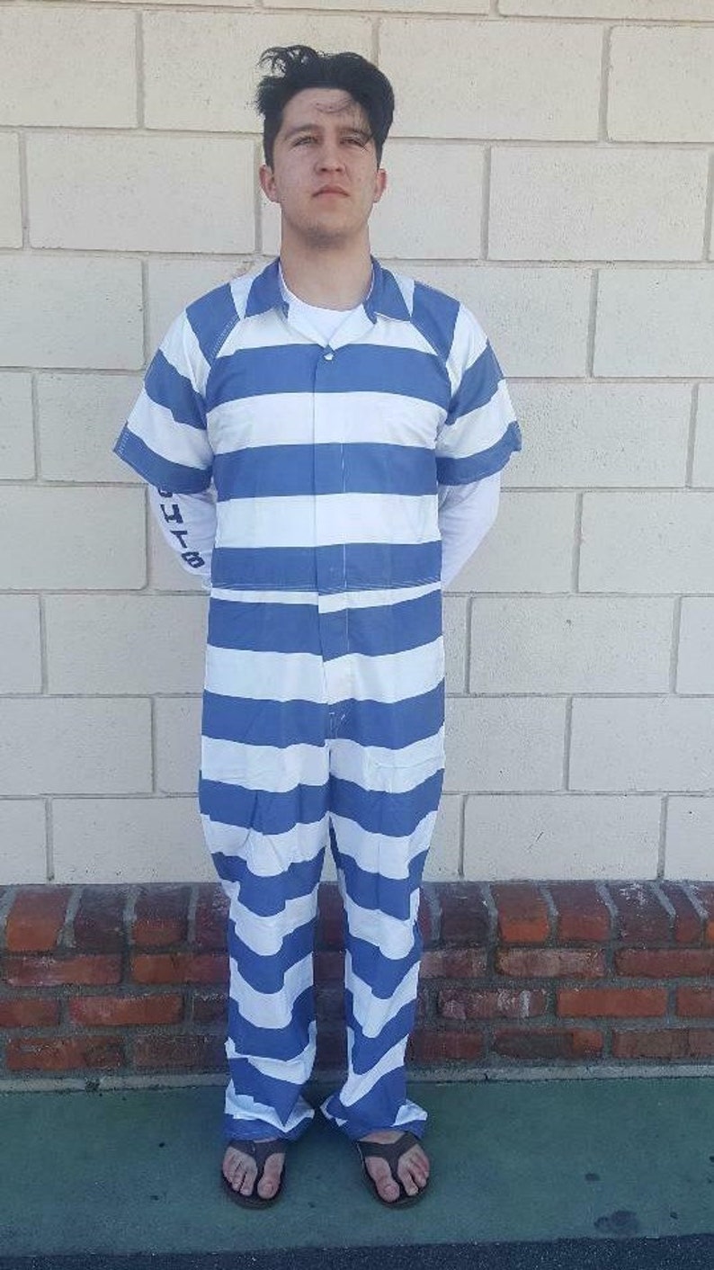 Jail Prison Inmate Jumpsuit Blue and White Stripe Halloween Costume