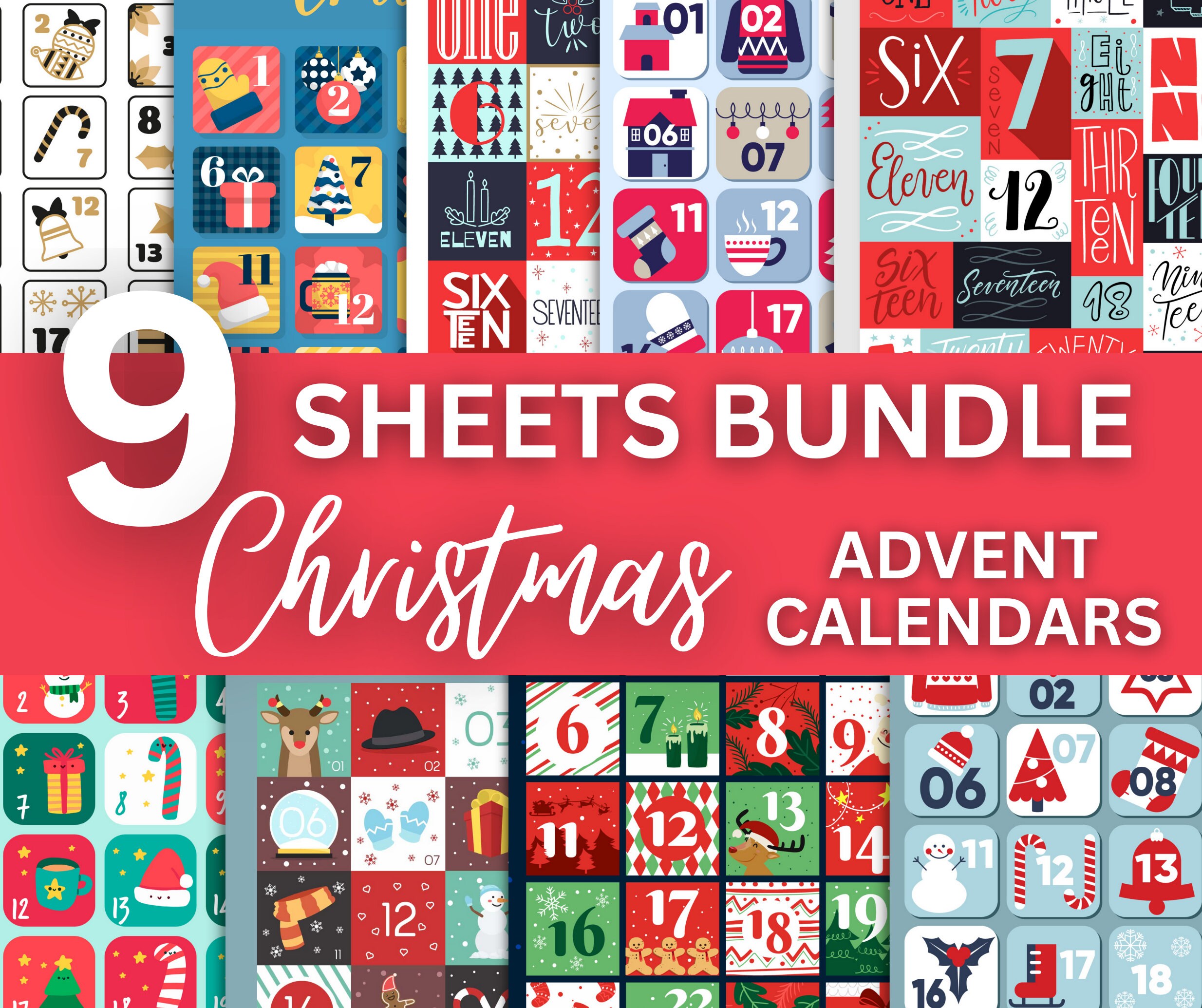 9 Sheets Advent Calendar Printable Bundle, Christmas Label Pack, Advent ...
