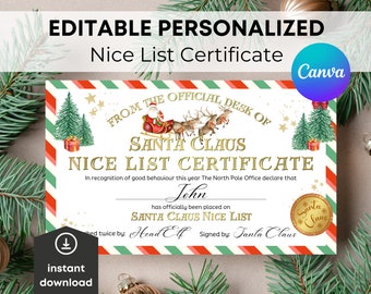 Instant Download Editable Nice List Certificate, Official Letter from Santa Claus, Christmas Eve North Pole Mail, Printable Template Custom