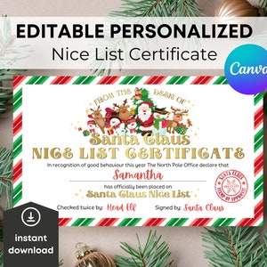 Instant Download Editable Nice List Certificate, Official Letter from Santa Claus, Christmas Eve North Pole Mail, Printable Template Custom