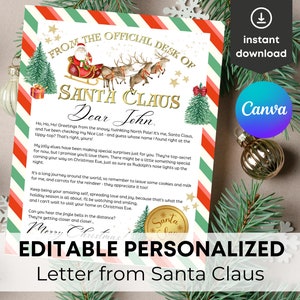Carta a Papá Noel editable de descarga instantánea, carta oficial de Papá Noel, correo del Polo Norte en Nochebuena, plantilla imprimible de carta a Papá Noel