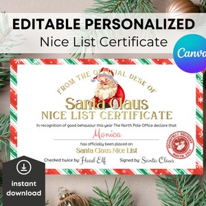 Instant Download Editable Nice List Certificate, Official Letter from Santa Claus, Christmas Eve North Pole Mail, Printable Template Custom