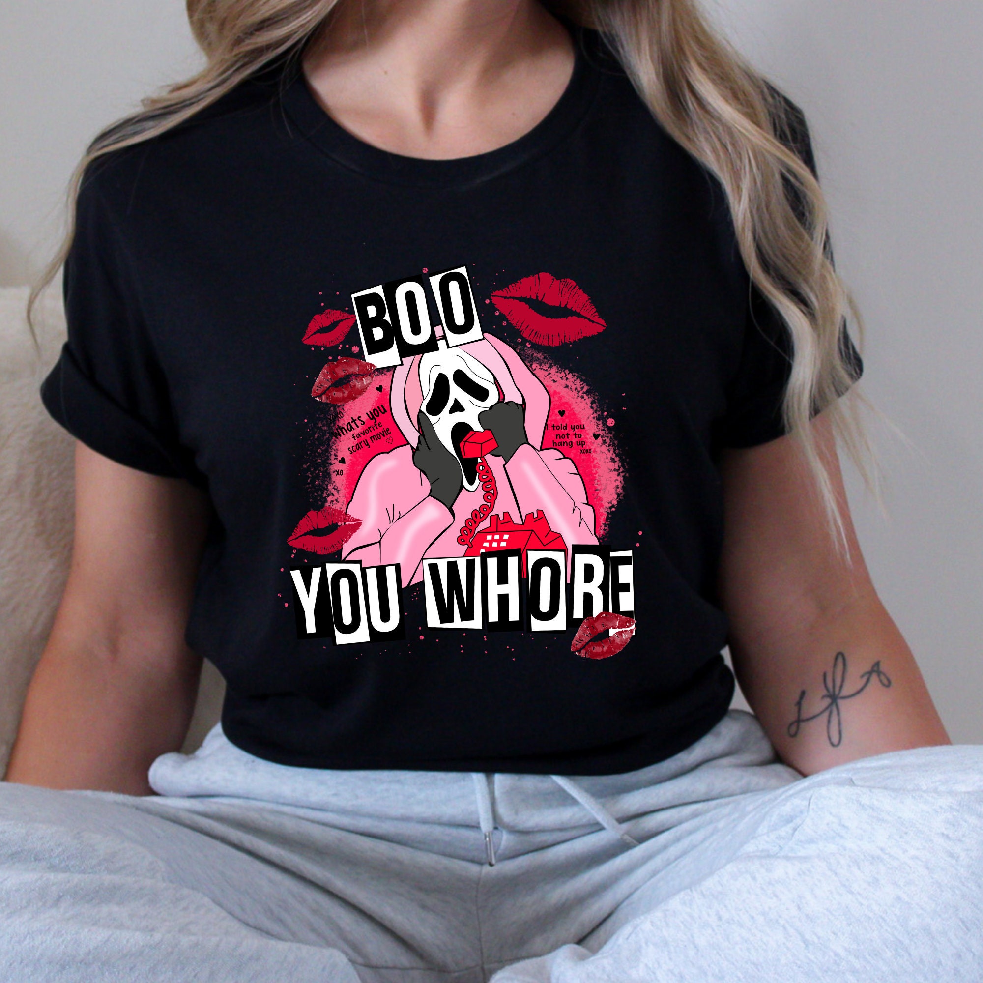 Discover Mean Girls "Boo You Whore" Sweatshirt: Valentine's Horror Movie Design with Spooky Bleached Look