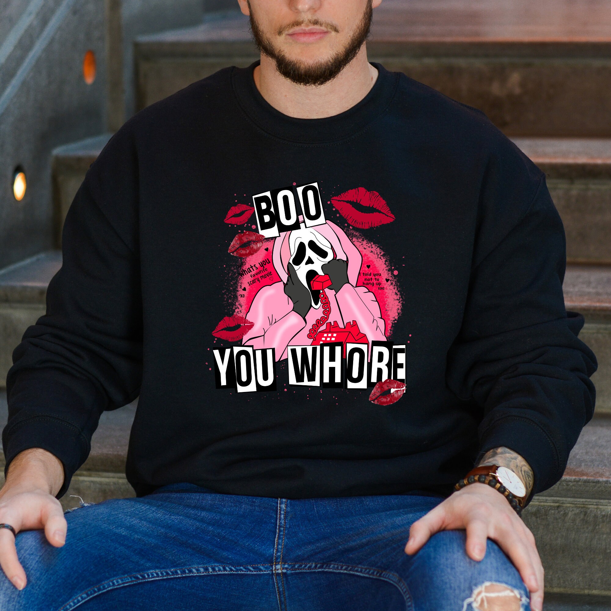 Discover Mean Girls "Boo You Whore" Sweatshirt: Valentine's Horror Movie Design with Spooky Bleached Look