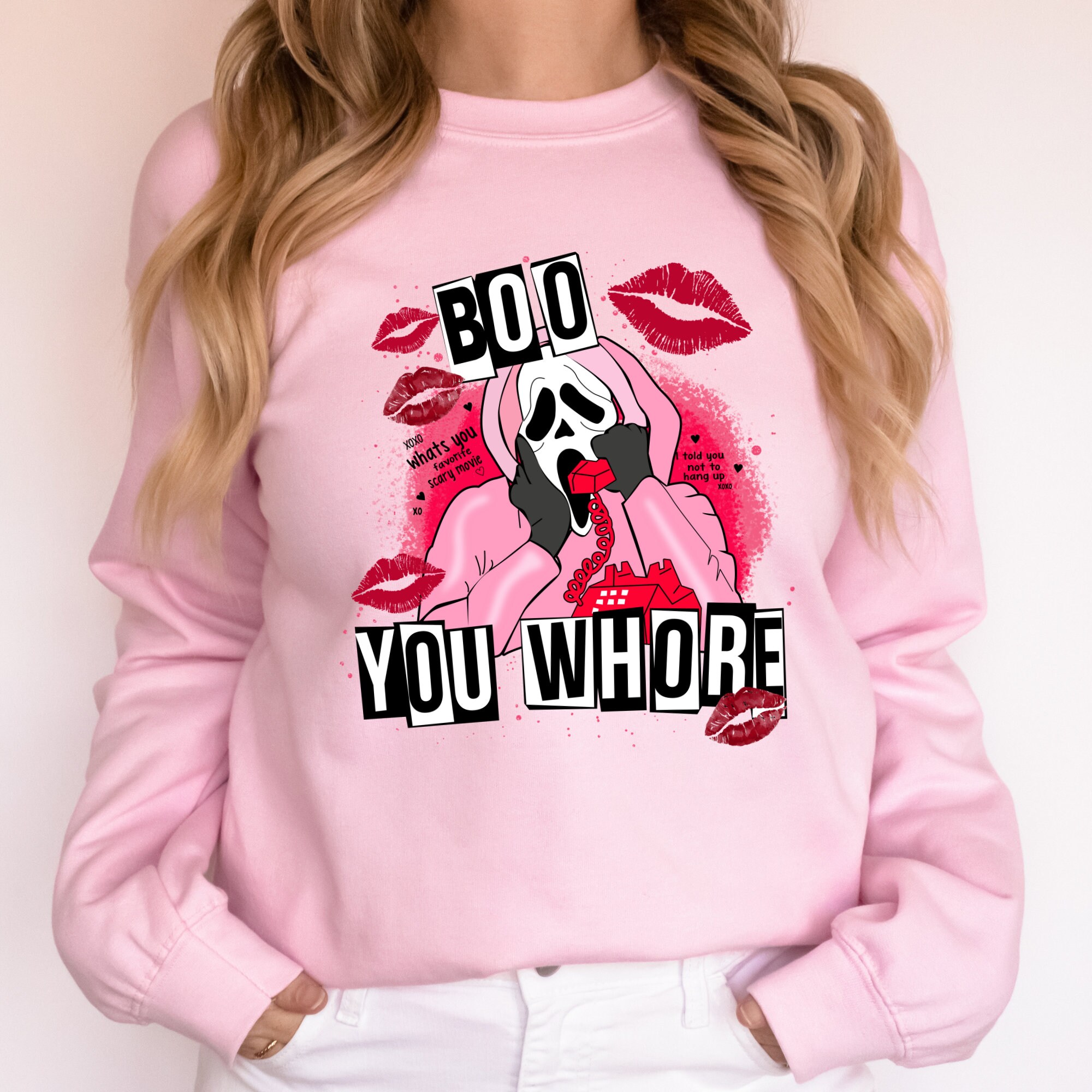 Discover Mean Girls "Boo You Whore" Sweatshirt: Valentine's Horror Movie Design with Spooky Bleached Look