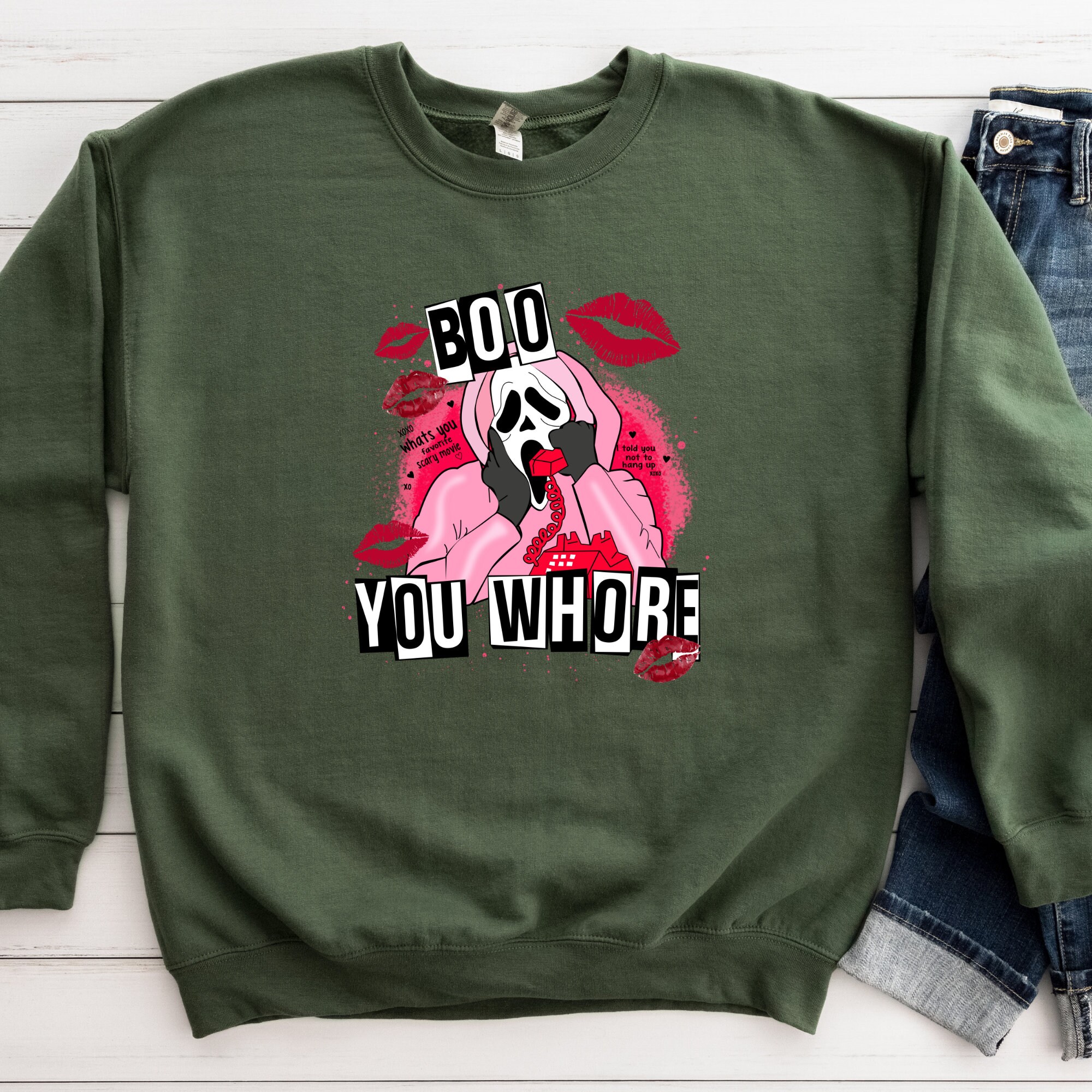 Discover Mean Girls "Boo You Whore" Sweatshirt: Valentine's Horror Movie Design with Spooky Bleached Look