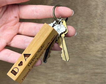 Custom Engraved Wood Bar Key Chain, Custom 4 Sided Engraved Keychain,  Wooden Keychain Anniversary Gift,  Father's Day Gift for Dad