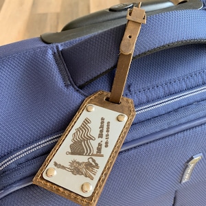 Initial Luggage Tags Leather Engraved Brass and Silver Metal Suitcase Labels, Buckle Baggage Identifiers with Custom Design