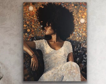 May include: A painting of a woman with an afro hairstyle wearing a white dress and sitting in a chair. The background is a blurred image of golden lights.