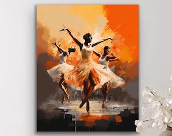 May include: Three ballerinas in white tutus dance against a warm orange and brown background. The central ballerina is in focus, with her arms outstretched and her legs in a graceful pose. The other two ballerinas are blurred in the background.
