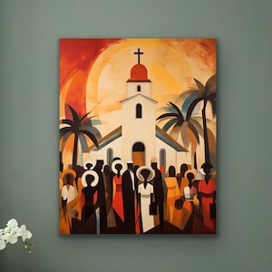 May include: A painting of a white church with a red roof and a cross on top. The church is surrounded by palm trees and people in colorful clothing. The painting is done in a stylized, geometric style.