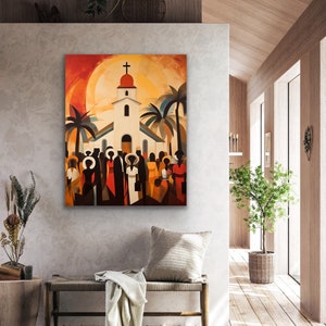 May include: A painting depicting a white church with a cross on top, surrounded by palm trees and a crowd of people in front of it. The sky is a vibrant orange and yellow, creating a warm and inviting atmosphere.