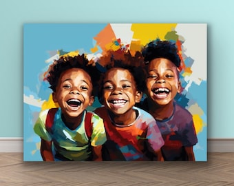Black Boy Joy | Stretched Canvas Print Wall Art | Art for Kids Room | Black Art | African American Art | Boys Laughing