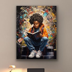My Land of Imagination - Black Boy Reading Art | Graffiti Style Wall Art | Black Culture Decor for Kids&#39; Rooms & Classrooms | Framed Canvas