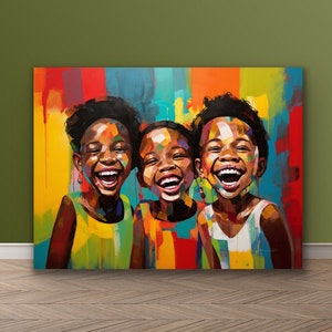 May include: A colorful painting of three children laughing. The children have dark skin and are wearing bright yellow, green, and blue clothing. The background is a vibrant mix of red, orange, yellow, blue, and green.