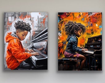 Black Children Playing Piano Art Prints: Joyful Music Room Decor