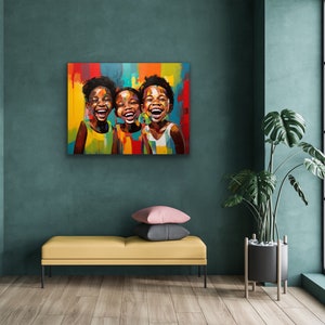 May include: A colorful painting of three smiling children with brown skin. The children are standing side-by-side and are wearing colorful clothing. The background is a vibrant mix of colors.