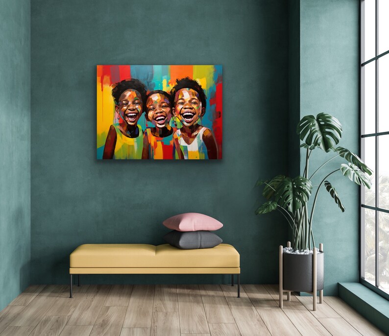 May include: A colorful painting of three smiling children with brown skin. The children are standing side-by-side and are wearing colorful clothing. The background is a vibrant mix of colors.