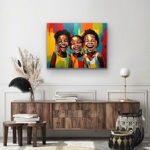 May include: A colorful painting of three children laughing. The children are all Black and have bright smiles. The background is a vibrant mix of colors, including red, yellow, blue, and green.