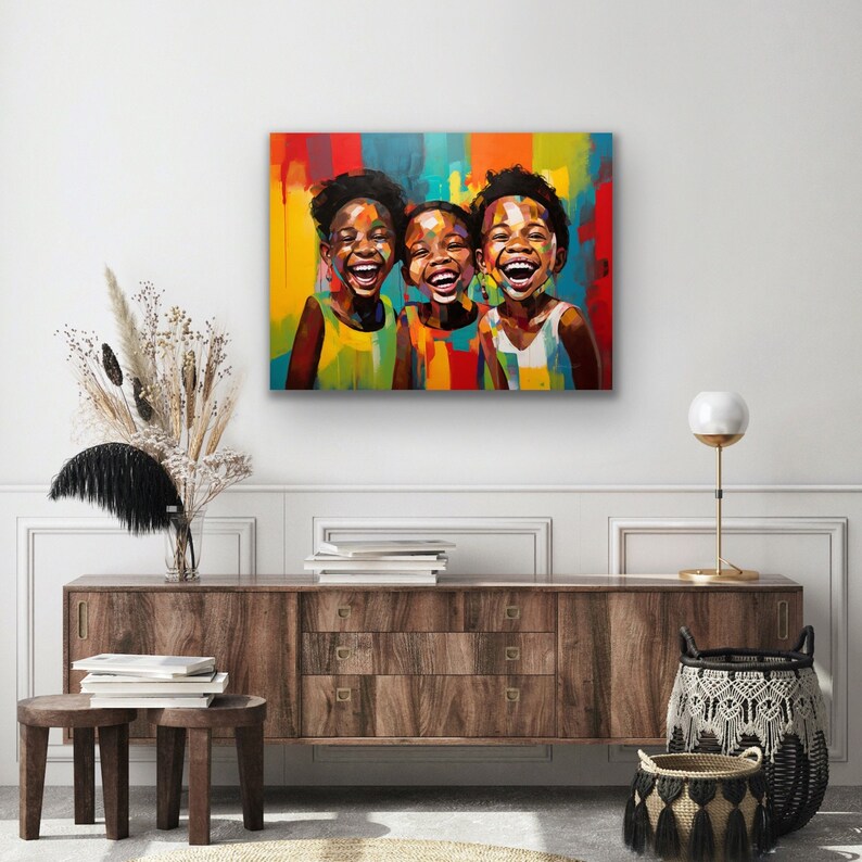 May include: A colorful painting of three children laughing. The children are all Black and have bright smiles. The background is a vibrant mix of colors, including red, yellow, blue, and green.